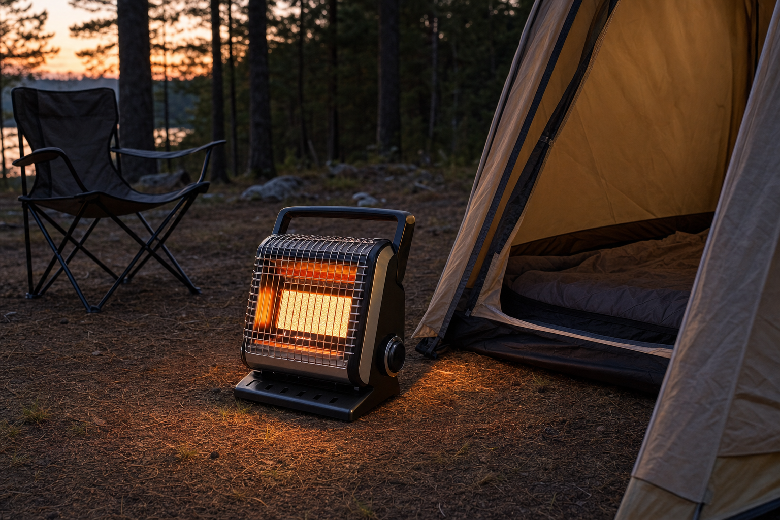 Portable butane gas heater set up outside a tent at a campsite in the evening