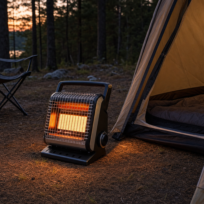 Portable butane gas heater set up outside a tent at a campsite in the evening