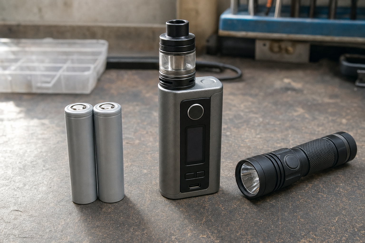 High-drain and standard 18650 batteries side by side next to a vape mod and a torch on a workbench