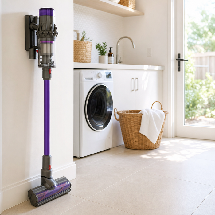 Generic cordless stick vacuum standing upright against a wall in a bright Australian laundry room