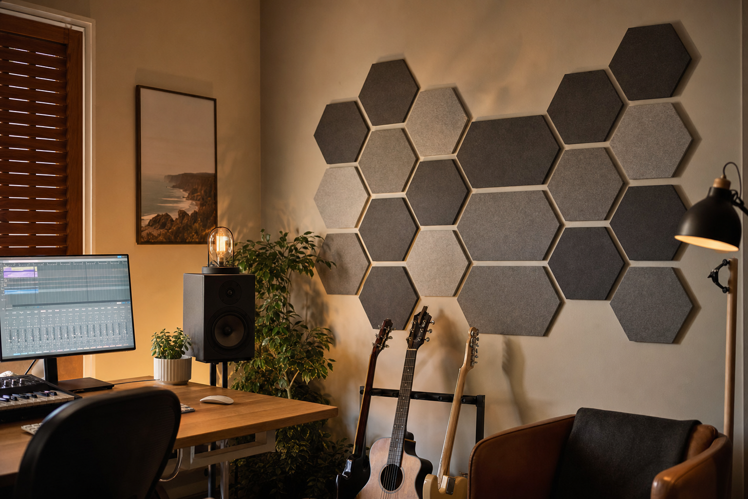 Hexagon acoustic foam panels mounted on a home studio wall with warm ambient lighting