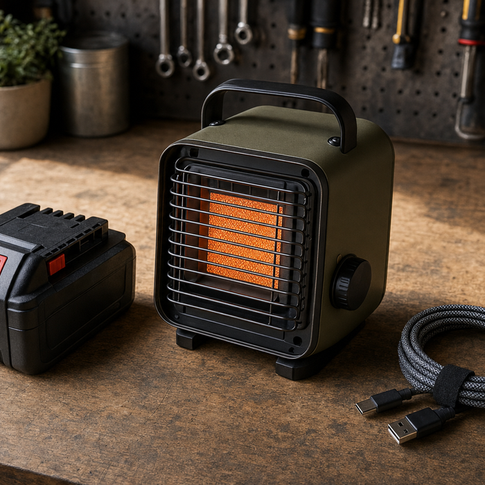 Practical gift items including a power tool battery, camping heater and charging cables arranged on a workbench