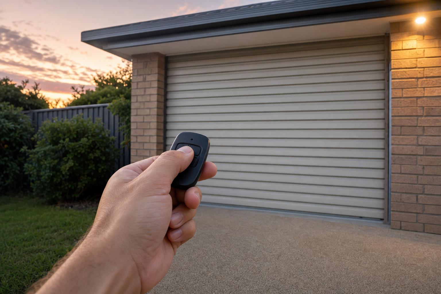 Garage remote control held near a garage door in an Australian driveway at dusk