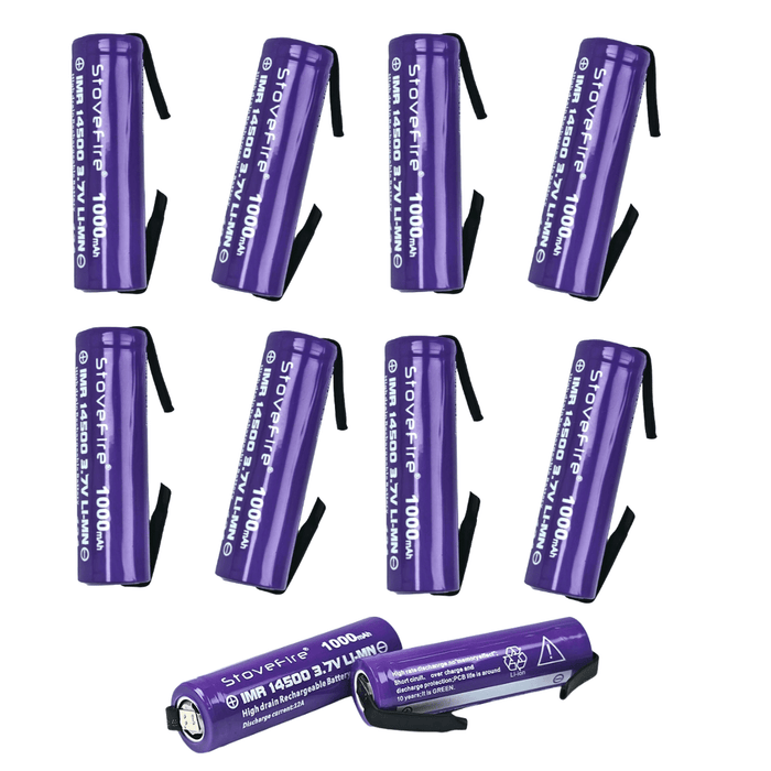 [10 Pack] 14500 1000mAh AA - Size 3.7V Li - ion Rechargeable Batteries with Solder Tabs | High - Performance Cells for Hair Clippers & Beard Shavers - Battery Mate