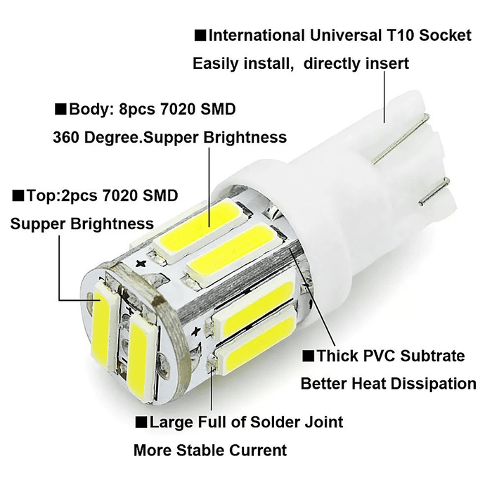 10x T10 W5W LED Car Bulbs – 7020 10 - SMD Cool White Wedge Lights for Dome, Map, Interior & License Plates (Copy) - Battery Mate