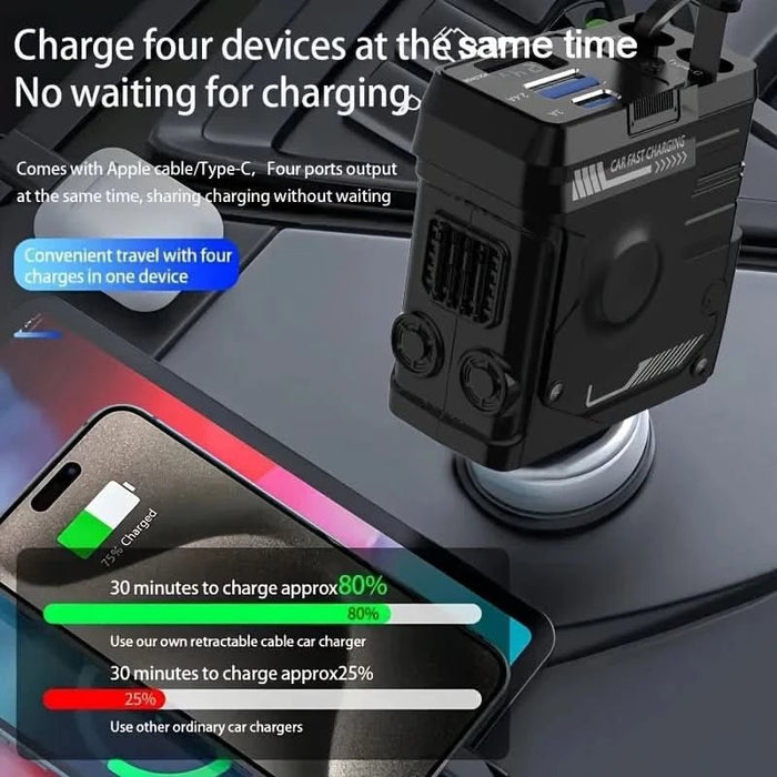 120W 4 - in - 1 Retractable Car Charger – Fast USB - C & iPhone Charging Adapter with Voltage Display - Battery Mate