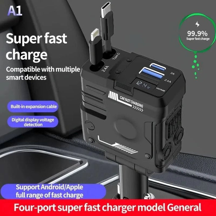 120W 4 - in - 1 Retractable Car Charger – Fast USB - C & iPhone Charging Adapter with Voltage Display - Battery Mate