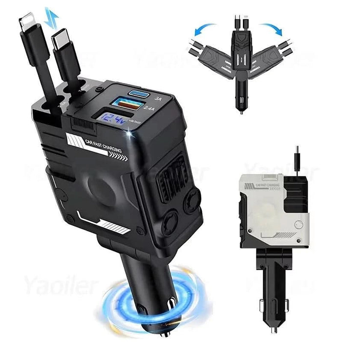 120W 4 - in - 1 Retractable Car Charger – Fast USB - C & iPhone Charging Adapter with Voltage Display - Battery Mate