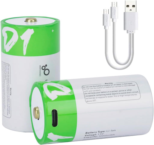 [2 Pack] USB Rechargeable D Battery 1.5V 12000mWh Li - Ion – Type - C Charging, High Capacity - Battery Mate