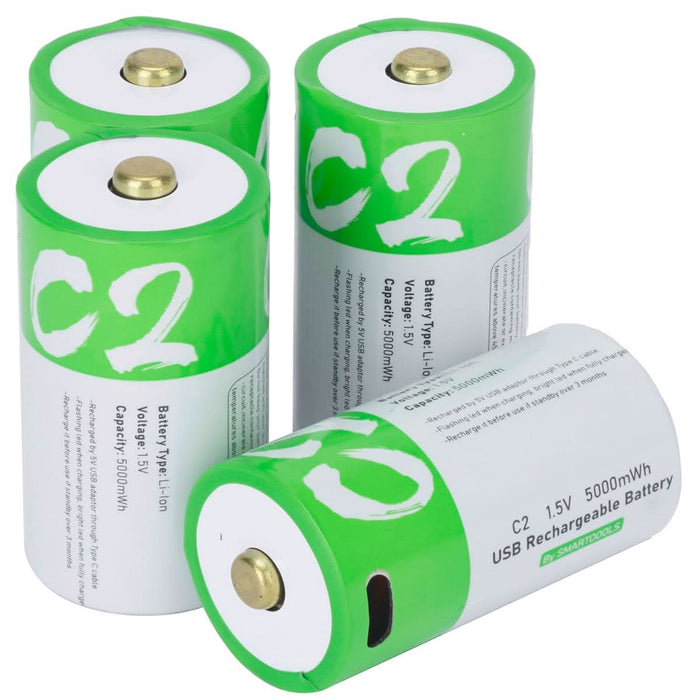 [4 Pack] USB - C Rechargeable C Battery 1.5V 5000mWh – Lithium - Ion Replacement with Fast Charging - Battery Mate