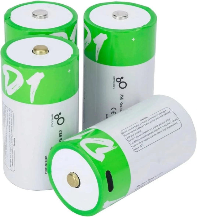 [4 Pack] USB D Rechargeable Lithium - Ion Battery 1.5V 12000mWh – High Capacity D Cell with Type - C Fast Charging - Battery Mate