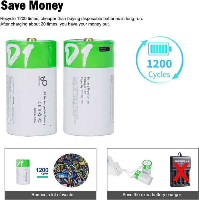[4 Pack] USB D Rechargeable Lithium - Ion Battery 1.5V 12000mWh – High Capacity D Cell with Type - C Fast Charging - Battery Mate