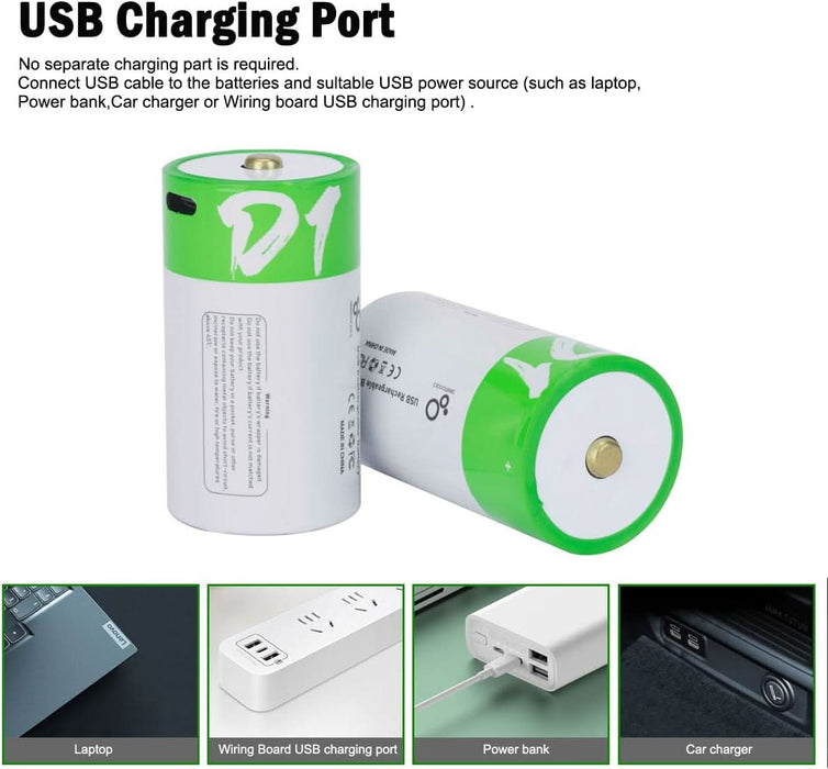 [4 Pack] USB D Rechargeable Lithium - Ion Battery 1.5V 12000mWh – High Capacity D Cell with Type - C Fast Charging - Battery Mate