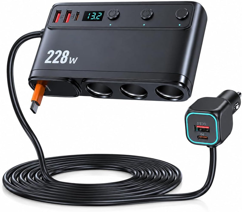 TAVICE 228W Car Cigarette Lighter Splitter with PD45W Retractable USB-C Cable, 3 Sockets Dual QC3.0 USB Car Charger for 12V/24V Vehicles