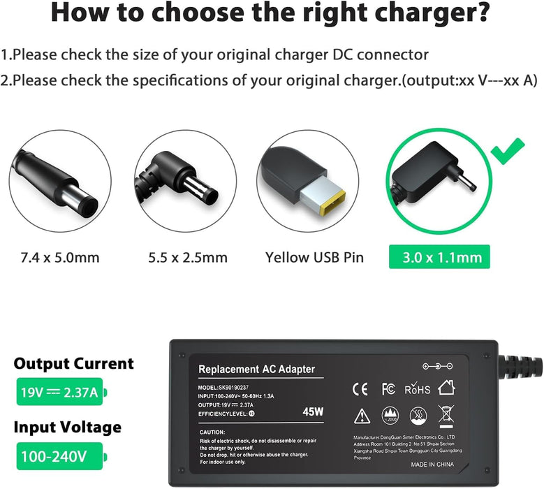 65W 19V 3.42A Laptop Charger Compatible for Acer Spin 3 SP314 - 53N, Aspire, Chromebook, TravelMate & Iconia (3.0x1.1mm Tip) - Battery Mate