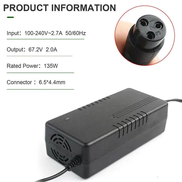 67.2V 2A Lithium Battery Charger | 3 - Pin 12mm AU Plug for 60V 16S Electric Scooter & eBike - Battery Mate