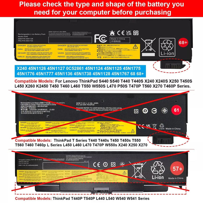 68+ Battery Compatible for Lenovo Thinkpad T440 T440S T450S 48Wh X240 X240S X250 X260 X270 - Battery Mate