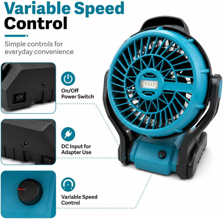 TAVICE 10 Inch Cordless Fan Compatible with Makita 18V LXT Batteries, Portable Jobsite Fan with LED Light, Adjustable Speed, Battery
