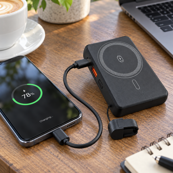 TAVICE 10000mAh magnetic wireless power bank with USB-A output, USB-C port, detachable USB-C cable, cable holder and fold-out phone stand