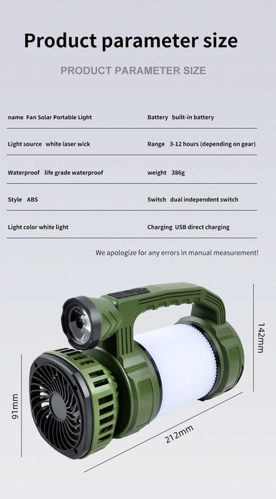 Camping Lantern with Fan & Floodlight | Solar Rechargeable Portable LED Light - Battery Mate