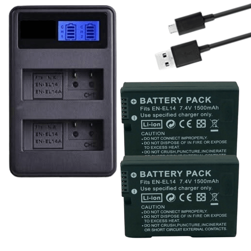 [Combo Pack] 2x EN - EL14 1500mAh Rechargeable Batteries with Dual USB Charger | Replacement for Nikon D3100, D3200, D3300, D5100, P7000, P7100 (2 Batteries + Charger) - Battery Mate