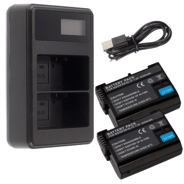 [Combo Pack] 2x EN - EL15 2550mAh Rechargeable Batteries with LCD Dual USB Charger | Replacement for Nikon D7000, D7100, D7200, D750, D800, D810, D600, D610 (2 Batteries + Charger) - Battery Mate