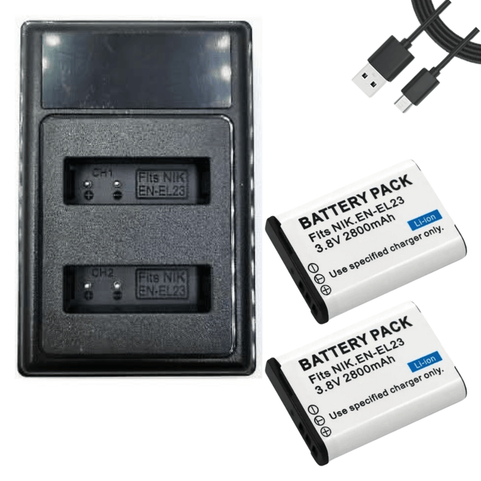[Combo Pack] 2x EN - EL23 2800mAh Rechargeable Batteries with Smart LCD USB Charger | Replacement for Nikon Coolpix B700, P900, P610, P600, S810C (2 Batteries + Charger) - Battery Mate