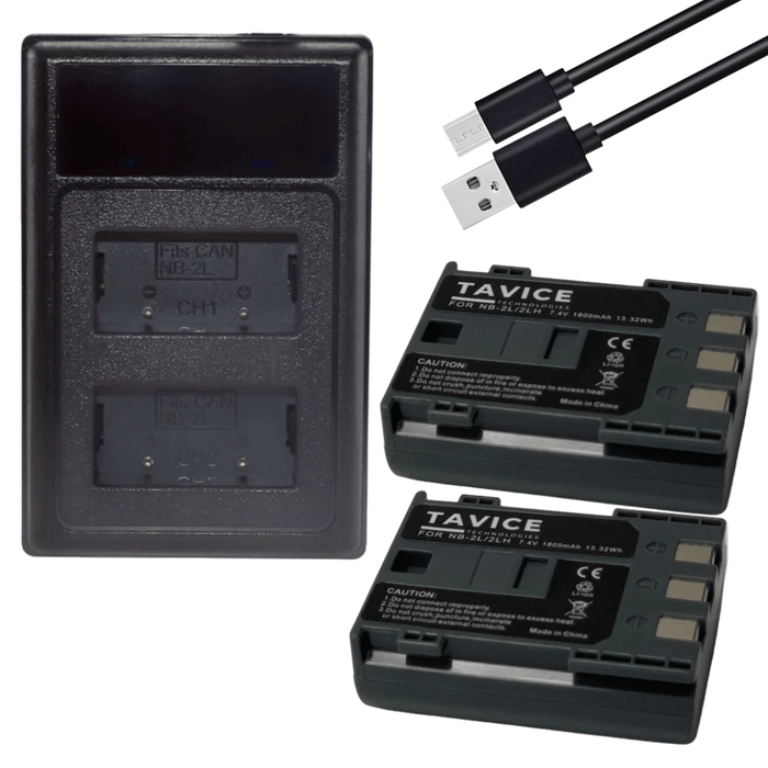 [Combo Pack] 2x NB - 2L / NB - 2LH 1500mAh Rechargeable Batteries with Dual USB LCD Charger | Replacement for Canon EOS 350D, 400D, Rebel XT, XTi, Kiss N, G7, G9, S30–S80 (2 Batteries + Charger) - Battery Mate