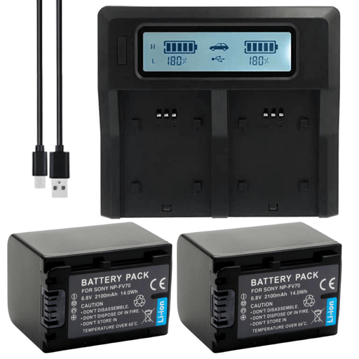 [Combo Pack] 2x NP - FV70 2100mAh Rechargeable Batteries with Dual USB Charger | Replacement for Sony Handycam & NEX Series – NP - FV30, NP - FV50, NP - FV70, NP - FV100 Compatible (2 Batteries + Charger) - Battery Mate