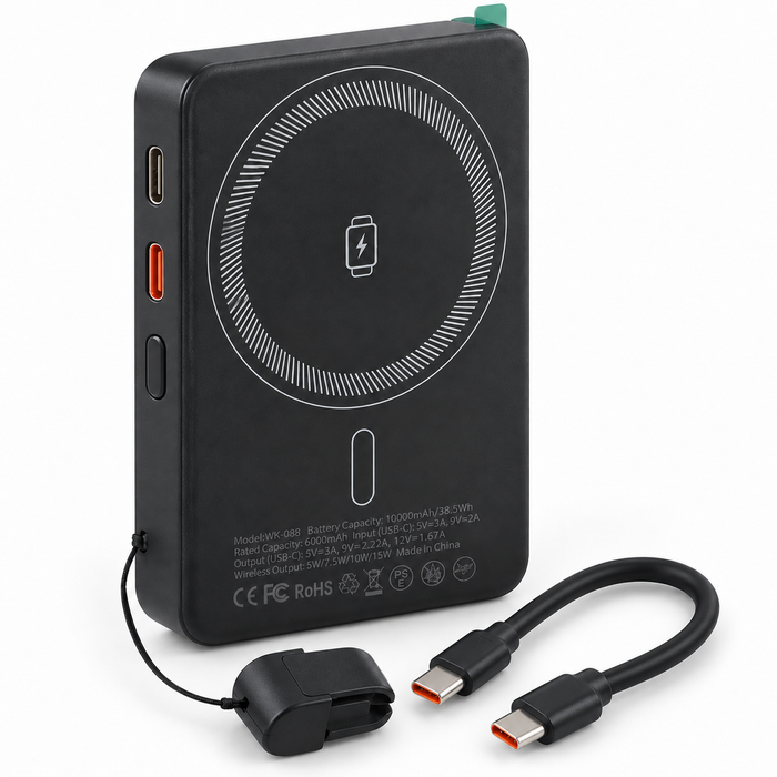 TAVICE 10000mAh magnetic wireless power bank with USB-A output, USB-C port, detachable USB-C cable, cable holder and fold-out phone stand