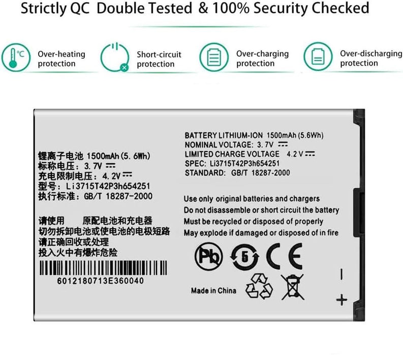 Li3715T42P3h654251 Replacement Battery for ZTE Z700A AT&T Wireless Home Phone and Internet Home Base 1500mAh - Battery Mate
