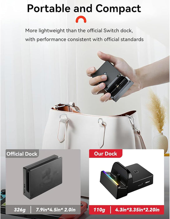 Portable TV Dock for Nintendo Switch 2 / Switch 1 / Switch OLED | 4K HDMI, USB 3.0, USB - C Power, RGB Light - Battery Mate