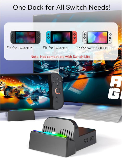 Portable TV Dock for Nintendo Switch 2 / Switch 1 / Switch OLED | 4K HDMI, USB 3.0, USB - C Power, RGB Light - Battery Mate