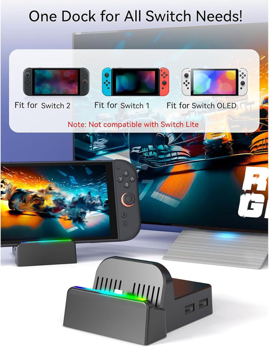 Portable TV Dock for Nintendo Switch 2 / Switch 1 / Switch OLED | 4K HDMI, USB 3.0, USB - C Power, RGB Light - Battery Mate