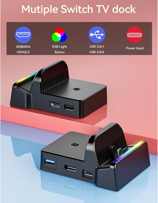 Portable TV Dock for Nintendo Switch 2 / Switch 1 / Switch OLED | 4K HDMI, USB 3.0, USB - C Power, RGB Light - Battery Mate