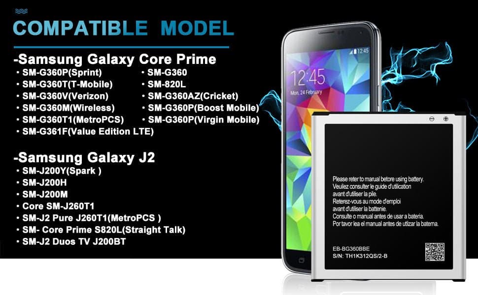 Replacement Battery EB - BG360BBC for Samsung Galaxy Core Prime SM - G360H, G360P, G360T, G361H, G36 - Battery Mate