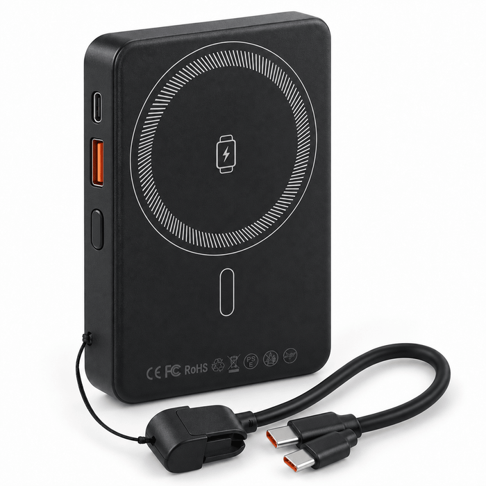 TAVICE 10000mAh magnetic wireless power bank with USB-A output, USB-C port, detachable USB-C cable, cable holder and fold-out phone stand - Battery Mate