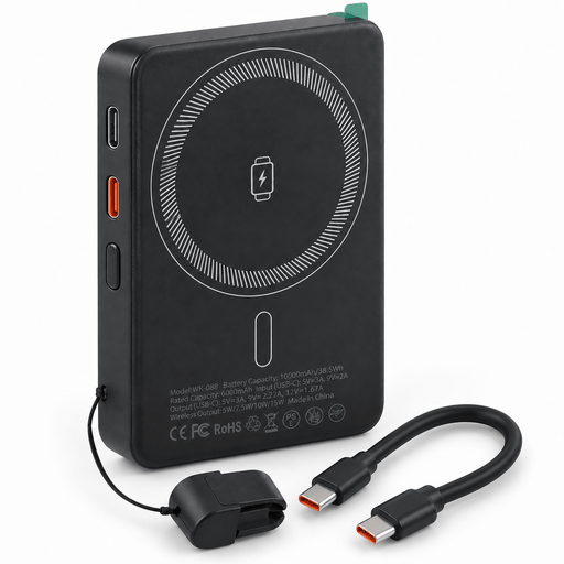 TAVICE 10000mAh magnetic wireless power bank with USB-A output, USB-C port, detachable USB-C cable, cable holder and fold-out phone stand - Battery Mate