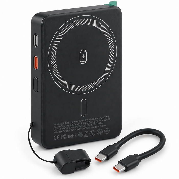 TAVICE 10000mAh magnetic wireless power bank with USB-A output, USB-C port, detachable USB-C cable, cable holder and fold-out phone stand - Battery Mate