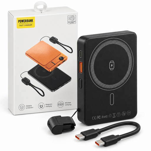 TAVICE 10000mAh magnetic wireless power bank with USB-A output, USB-C port, detachable USB-C cable, cable holder and fold-out phone stand - Battery Mate