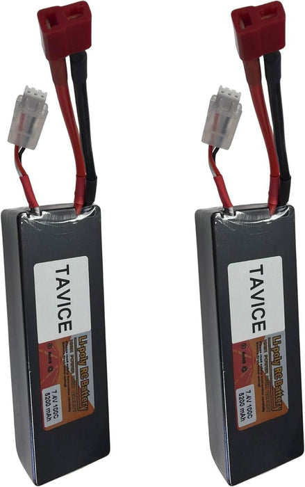 TAVICE 2 Pack 2S LiPo Battery 7.4V 5200mAh 100C Hard Case with T Connector Compatible with 1/8 & 1/10 RC Cars, Trucks & Vehicles - Battery Mate