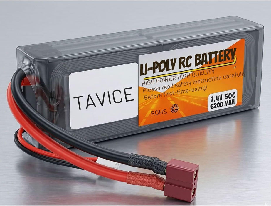 TAVICE 2 Pack 2S LiPo Battery 7.4V 6200mAh 50C Hard Case with T Connector Compatible with RC Cars, Trucks, 1/8 & 1/10 Buggy - Battery Mate