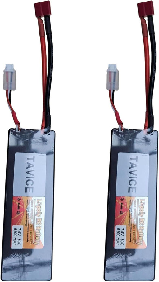 TAVICE 2 Pack 2S LiPo Battery 7.4V 6200mAh 50C Hard Case with T Connector Compatible with RC Cars, Trucks, 1/8 & 1/10 Buggy - Battery Mate