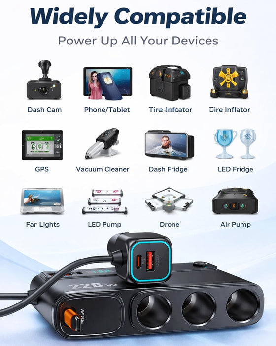 TAVICE 228W Car Cigarette Lighter Splitter with PD45W Retractable USB-C Cable, 3 Sockets Dual QC3.0 USB Car Charger for 12V/24V Vehicles - Battery Mate