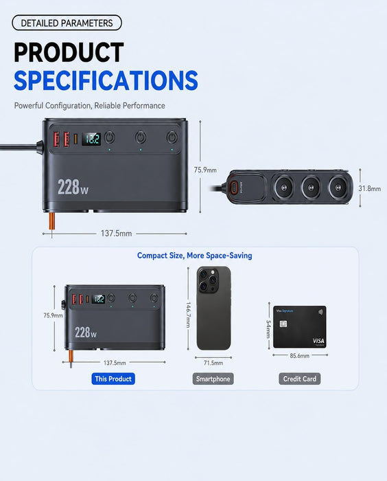 TAVICE 228W Car Cigarette Lighter Splitter with PD45W Retractable USB-C Cable, 3 Sockets Dual QC3.0 USB Car Charger for 12V/24V Vehicles - Battery Mate