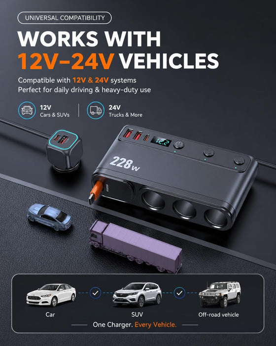 TAVICE 228W Car Cigarette Lighter Splitter with PD45W Retractable USB-C Cable, 3 Sockets Dual QC3.0 USB Car Charger for 12V/24V Vehicles - Battery Mate
