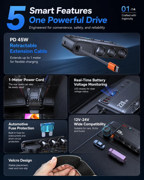 TAVICE 228W Car Cigarette Lighter Splitter with PD45W Retractable USB-C Cable, 3 Sockets Dual QC3.0 USB Car Charger for 12V/24V Vehicles - Battery Mate