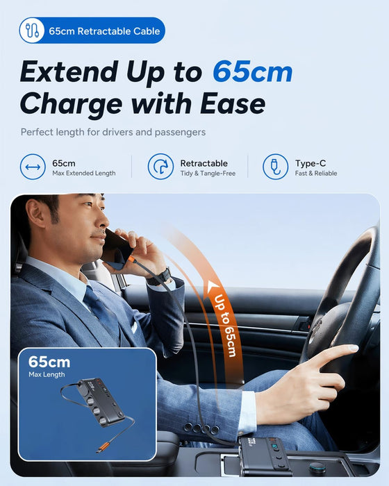 TAVICE 228W Car Cigarette Lighter Splitter with PD45W Retractable USB-C Cable, 3 Sockets Dual QC3.0 USB Car Charger for 12V/24V Vehicles - Battery Mate