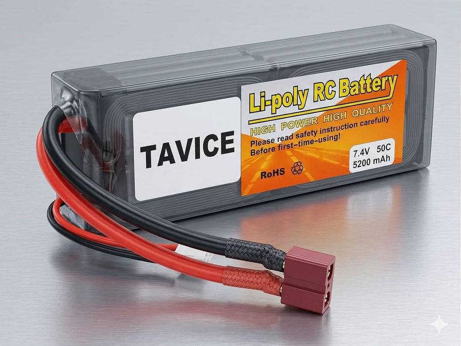 TAVICE 2S LiPo Battery 7.4V 6200mAh 50C Hard Case with T Connector Compatible with RC Cars, Trucks, 1/8 & 1/10 Buggy - Battery Mate