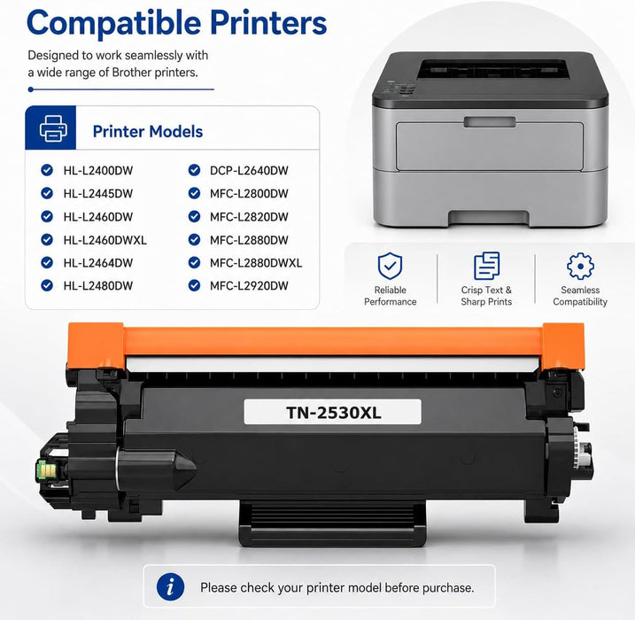 TAVICE 2X TN2530XL Toner Compatible with Brother MFC-L2800DW DCP-L2640DW HL-L2460DW - Battery Mate
